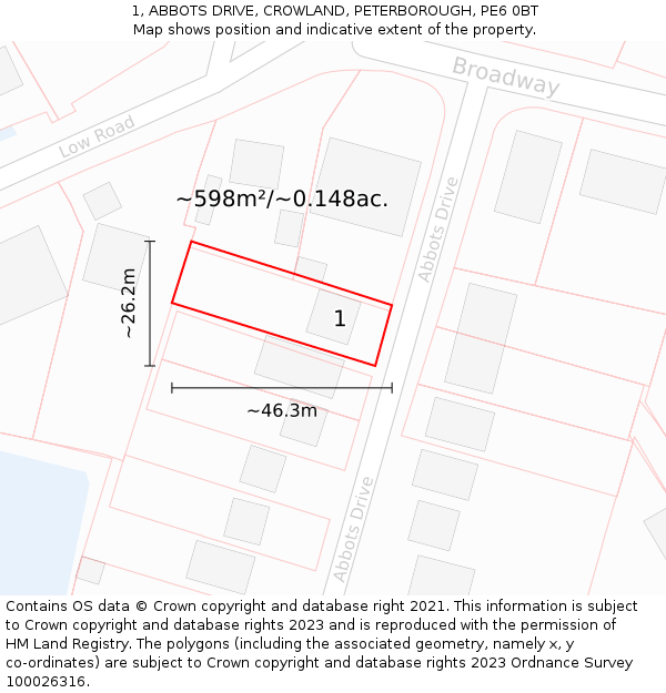 1, ABBOTS DRIVE, CROWLAND, PETERBOROUGH, PE6 0BT: Plot and title map