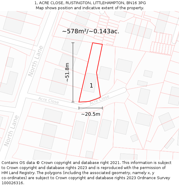 1, ACRE CLOSE, RUSTINGTON, LITTLEHAMPTON, BN16 3PG: Plot and title map