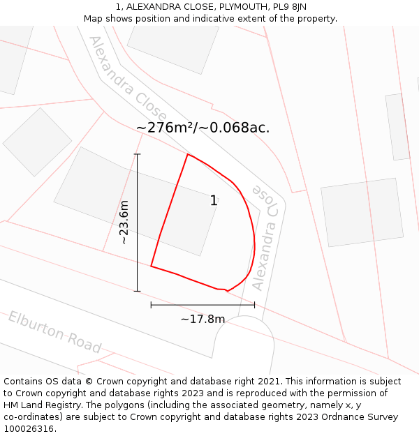 1, ALEXANDRA CLOSE, PLYMOUTH, PL9 8JN: Plot and title map