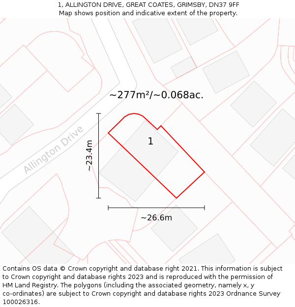 1, ALLINGTON DRIVE, GREAT COATES, GRIMSBY, DN37 9FF: Plot and title map