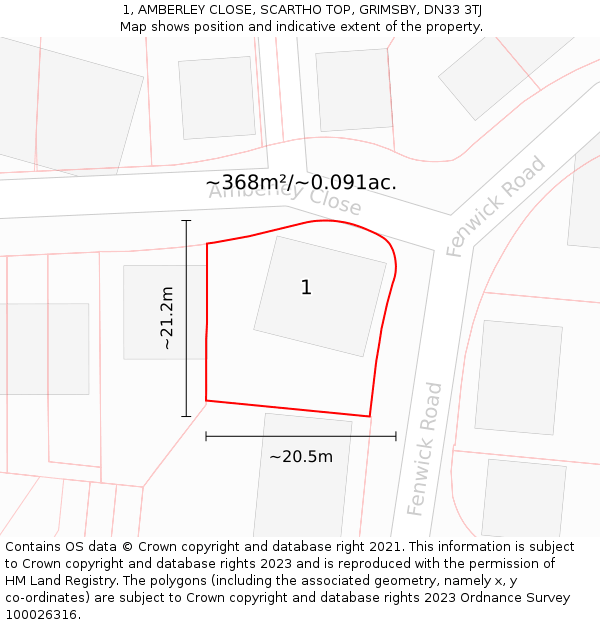 1, AMBERLEY CLOSE, SCARTHO TOP, GRIMSBY, DN33 3TJ: Plot and title map