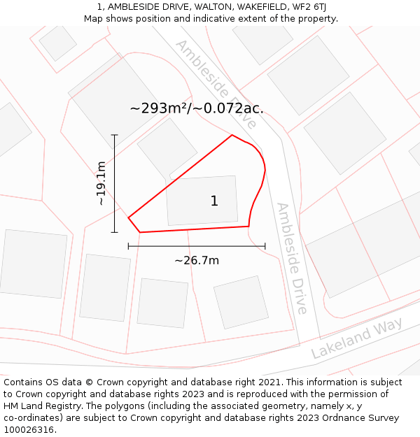 1, AMBLESIDE DRIVE, WALTON, WAKEFIELD, WF2 6TJ: Plot and title map