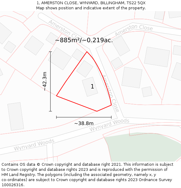 1, AMERSTON CLOSE, WYNYARD, BILLINGHAM, TS22 5QX: Plot and title map