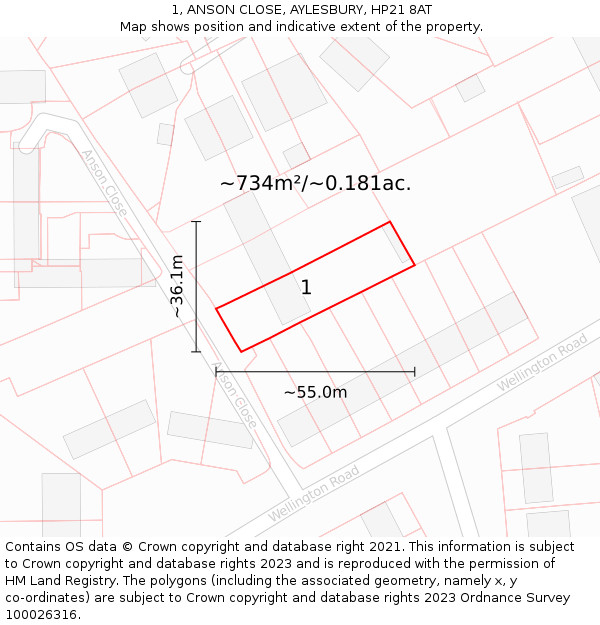 1, ANSON CLOSE, AYLESBURY, HP21 8AT: Plot and title map