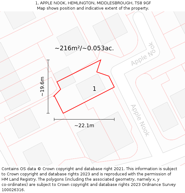 1, APPLE NOOK, HEMLINGTON, MIDDLESBROUGH, TS8 9GF: Plot and title map