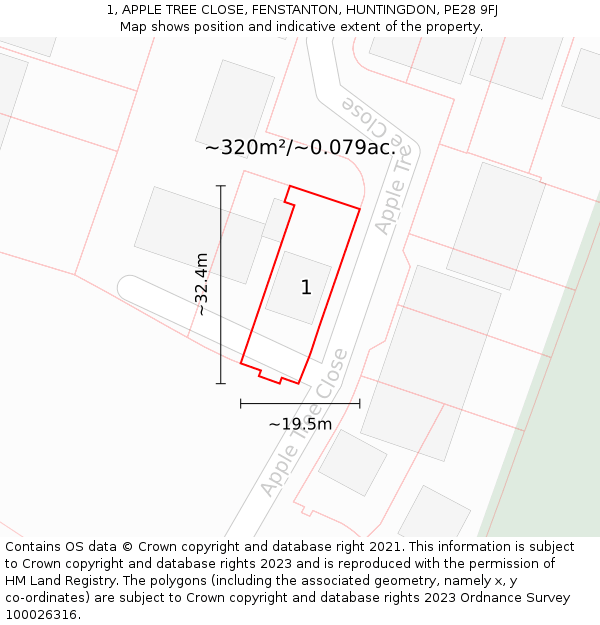 1, APPLE TREE CLOSE, FENSTANTON, HUNTINGDON, PE28 9FJ: Plot and title map