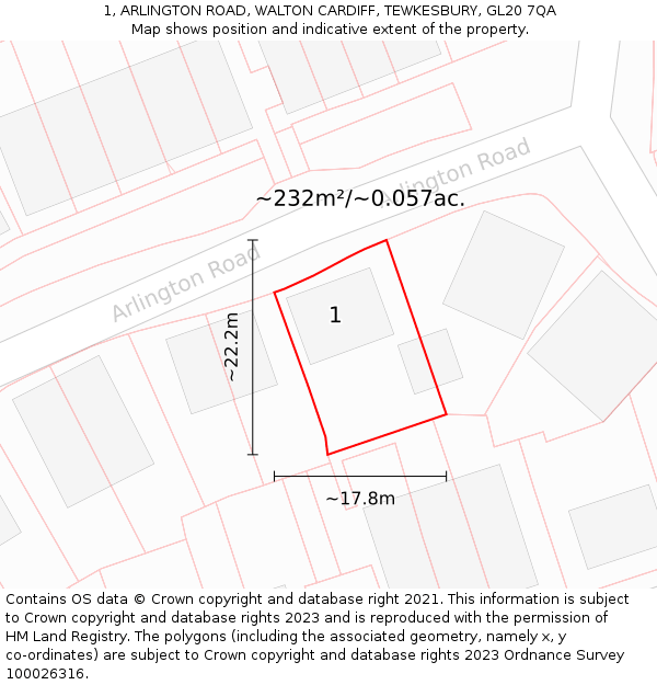 1, ARLINGTON ROAD, WALTON CARDIFF, TEWKESBURY, GL20 7QA: Plot and title map