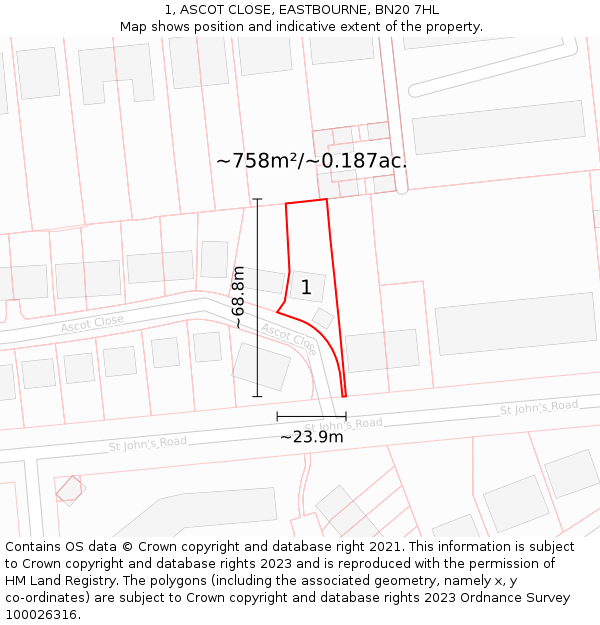 1, ASCOT CLOSE, EASTBOURNE, BN20 7HL: Plot and title map