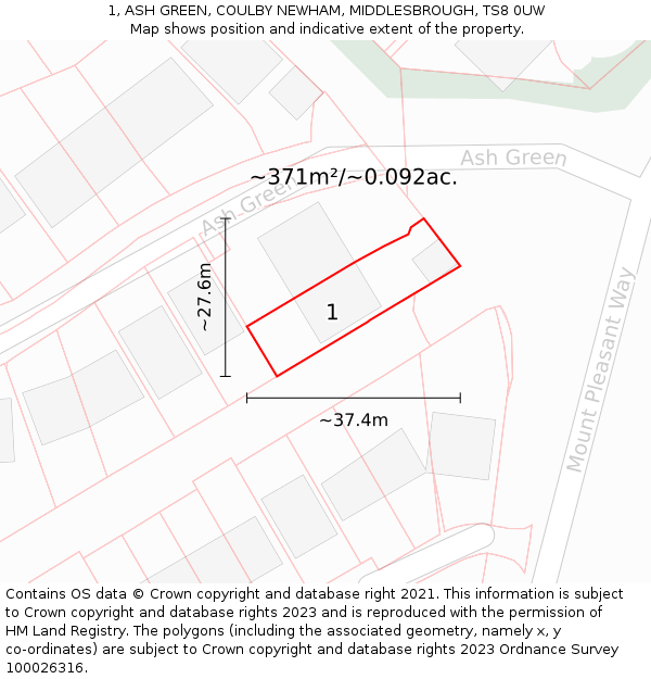 1, ASH GREEN, COULBY NEWHAM, MIDDLESBROUGH, TS8 0UW: Plot and title map