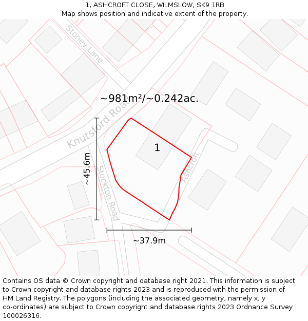 1, ASHCROFT CLOSE, WILMSLOW, SK9 1RB: Plot and title map