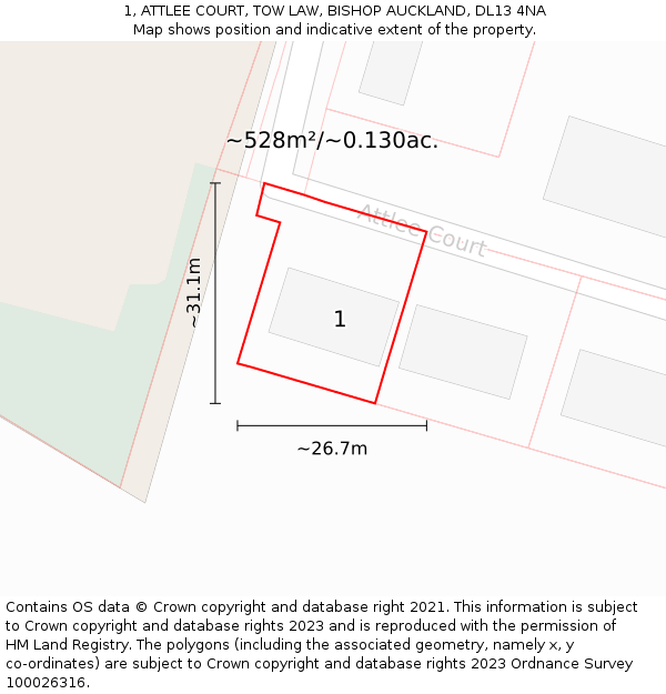 1, ATTLEE COURT, TOW LAW, BISHOP AUCKLAND, DL13 4NA: Plot and title map