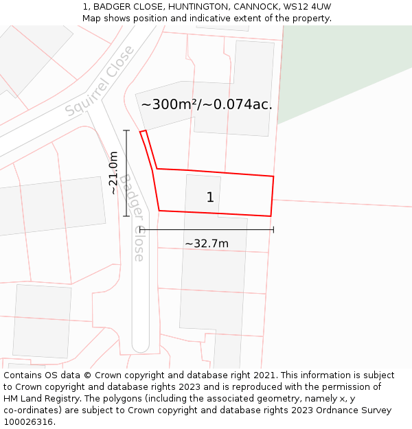 1, BADGER CLOSE, HUNTINGTON, CANNOCK, WS12 4UW: Plot and title map