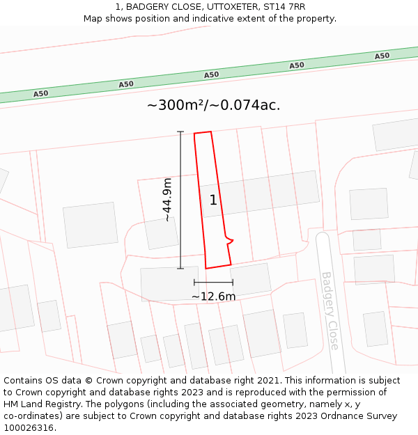 1, BADGERY CLOSE, UTTOXETER, ST14 7RR: Plot and title map