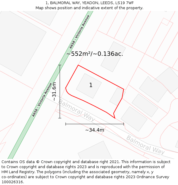 1, BALMORAL WAY, YEADON, LEEDS, LS19 7WF: Plot and title map