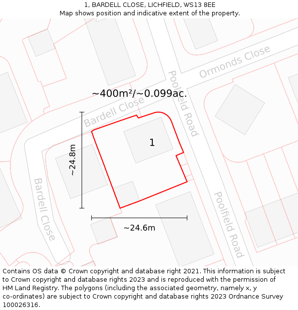 1, BARDELL CLOSE, LICHFIELD, WS13 8EE: Plot and title map