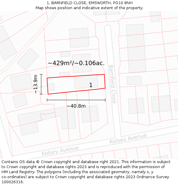 1, BARNFIELD CLOSE, EMSWORTH, PO10 8NH: Plot and title map