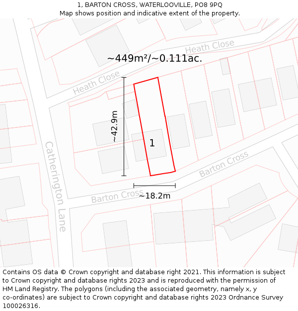 1, BARTON CROSS, WATERLOOVILLE, PO8 9PQ: Plot and title map