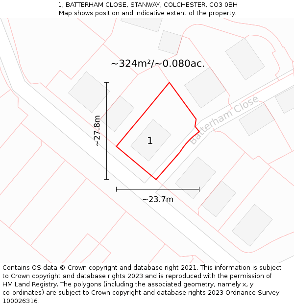 1, BATTERHAM CLOSE, STANWAY, COLCHESTER, CO3 0BH: Plot and title map