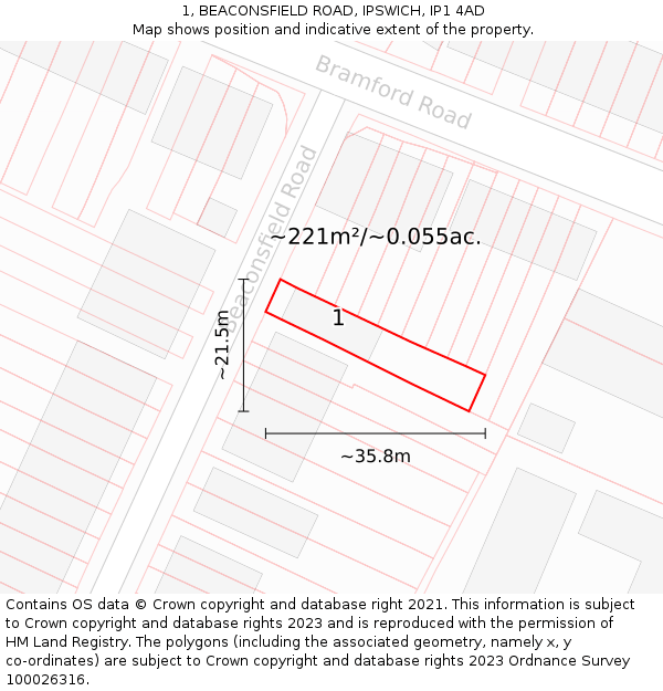 1, BEACONSFIELD ROAD, IPSWICH, IP1 4AD: Plot and title map