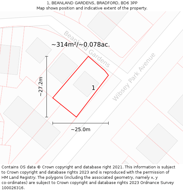 1, BEANLAND GARDENS, BRADFORD, BD6 3PP: Plot and title map