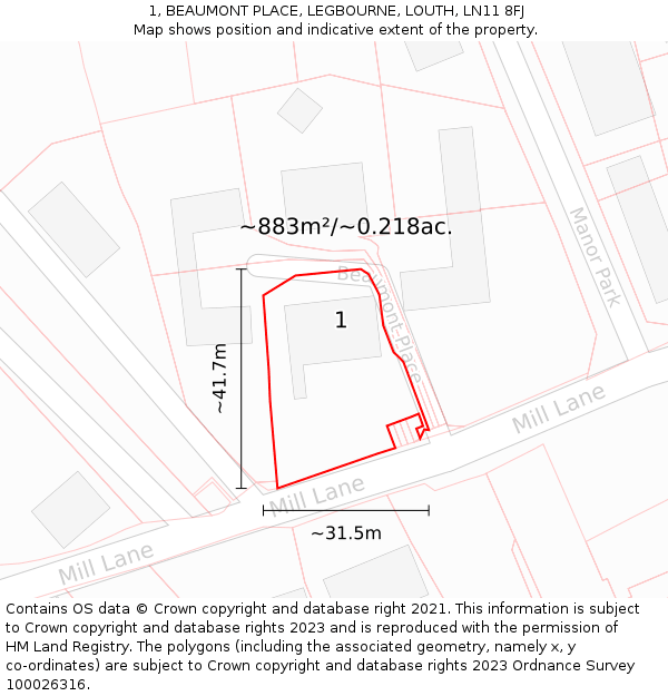 1, BEAUMONT PLACE, LEGBOURNE, LOUTH, LN11 8FJ: Plot and title map