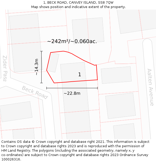 1, BECK ROAD, CANVEY ISLAND, SS8 7QW: Plot and title map