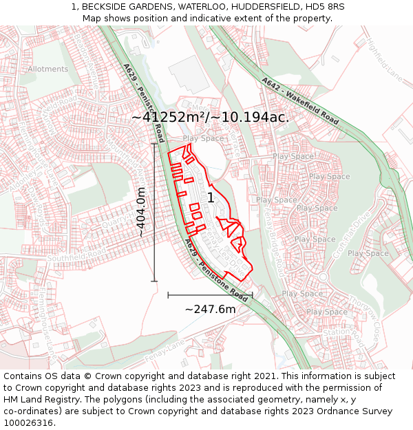 1, BECKSIDE GARDENS, WATERLOO, HUDDERSFIELD, HD5 8RS: Plot and title map