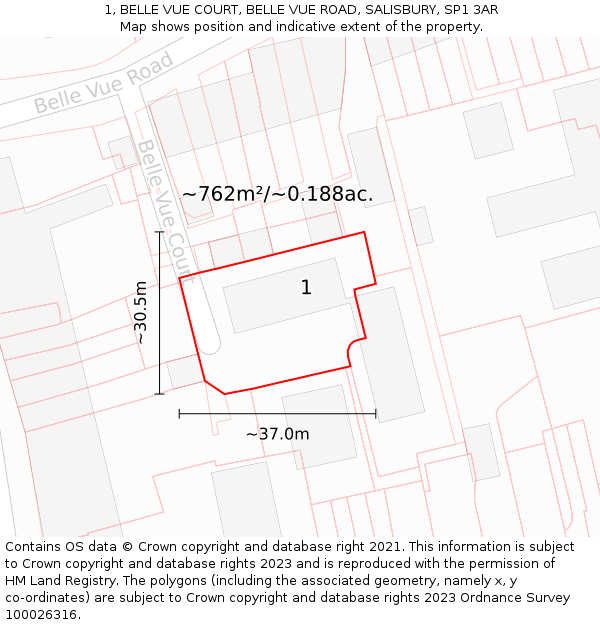 1, BELLE VUE COURT, BELLE VUE ROAD, SALISBURY, SP1 3AR: Plot and title map