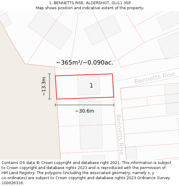 1, BENNETTS RISE, ALDERSHOT, GU11 3SP: Plot and title map