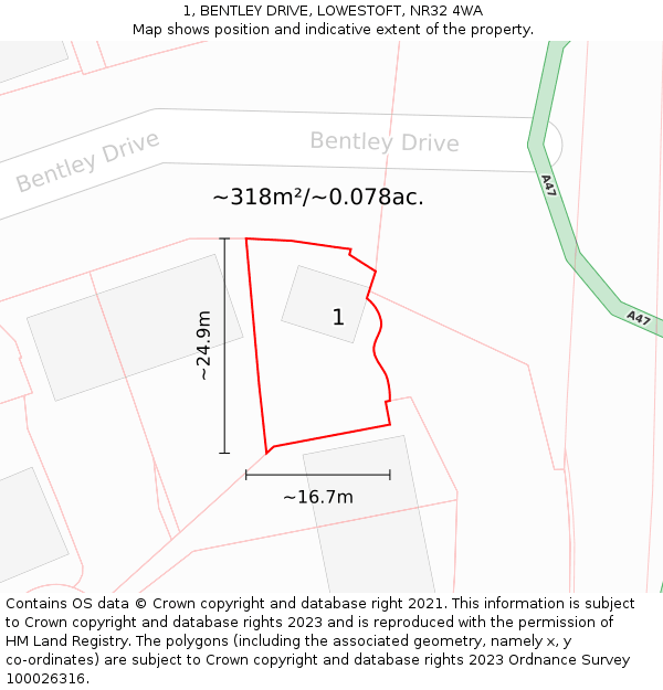 1, BENTLEY DRIVE, LOWESTOFT, NR32 4WA: Plot and title map