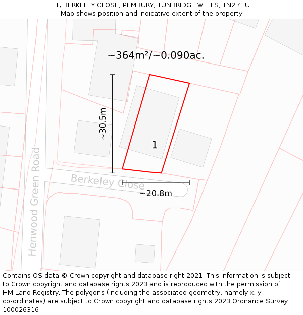 1, BERKELEY CLOSE, PEMBURY, TUNBRIDGE WELLS, TN2 4LU: Plot and title map