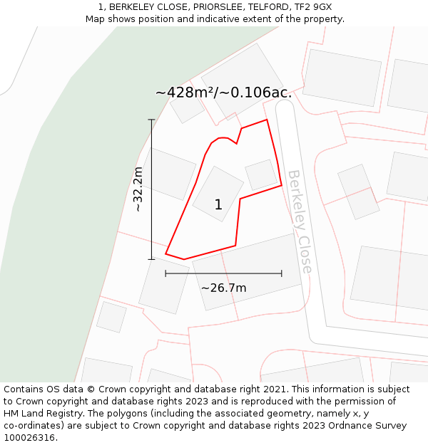 1, BERKELEY CLOSE, PRIORSLEE, TELFORD, TF2 9GX: Plot and title map