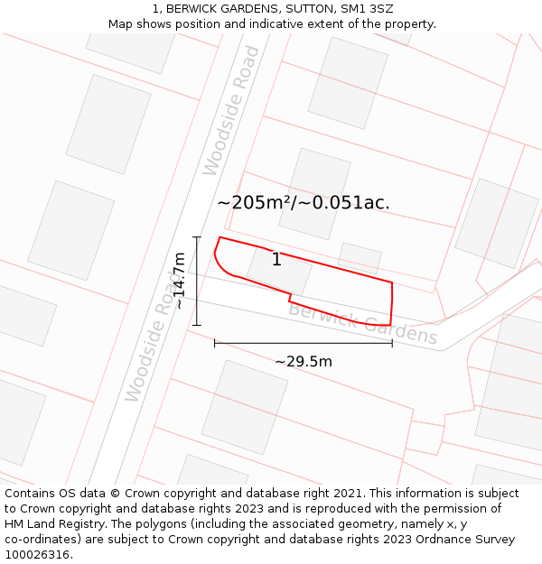 1, BERWICK GARDENS, SUTTON, SM1 3SZ: Plot and title map