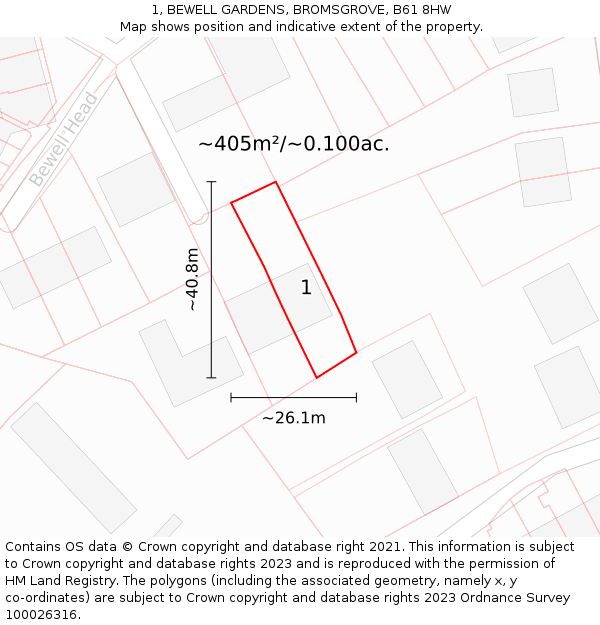 1, BEWELL GARDENS, BROMSGROVE, B61 8HW: Plot and title map