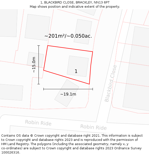 1, BLACKBIRD CLOSE, BRACKLEY, NN13 6PT: Plot and title map