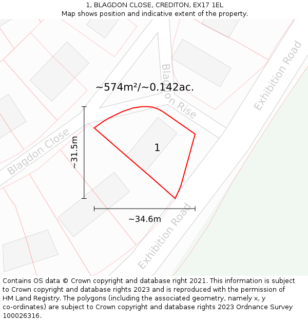 1, BLAGDON CLOSE, CREDITON, EX17 1EL: Plot and title map