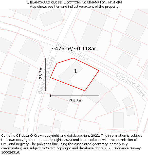 1, BLANCHARD CLOSE, WOOTTON, NORTHAMPTON, NN4 6RA: Plot and title map