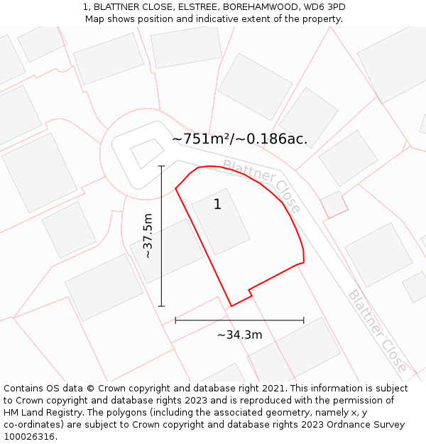 1, BLATTNER CLOSE, ELSTREE, BOREHAMWOOD, WD6 3PD: Plot and title map