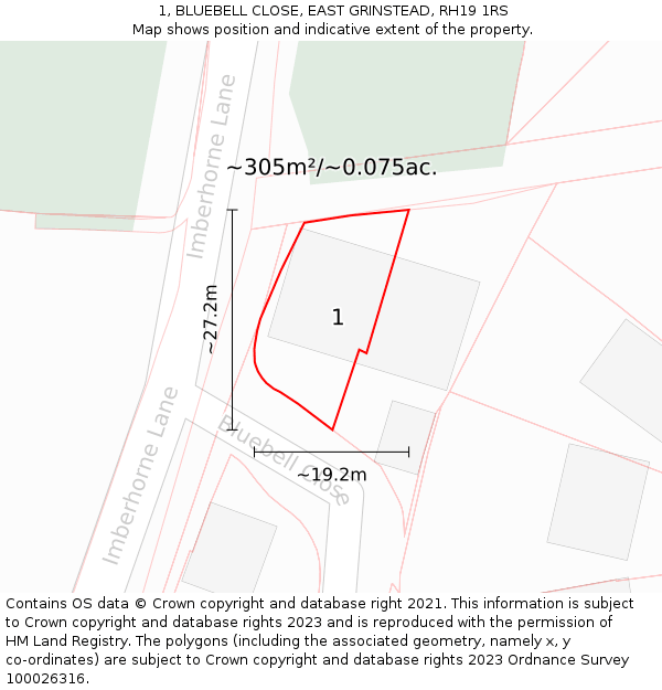 1, BLUEBELL CLOSE, EAST GRINSTEAD, RH19 1RS: Plot and title map