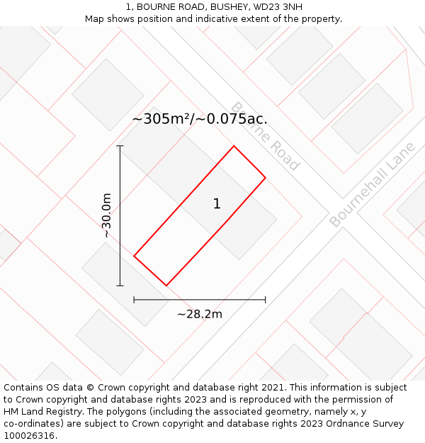 1, BOURNE ROAD, BUSHEY, WD23 3NH: Plot and title map