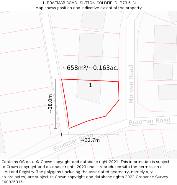 1, BRAEMAR ROAD, SUTTON COLDFIELD, B73 6LN: Plot and title map