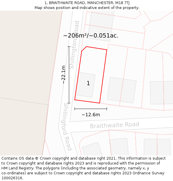 1, BRAITHWAITE ROAD, MANCHESTER, M18 7TJ: Plot and title map