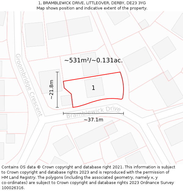 1, BRAMBLEWICK DRIVE, LITTLEOVER, DERBY, DE23 3YG: Plot and title map