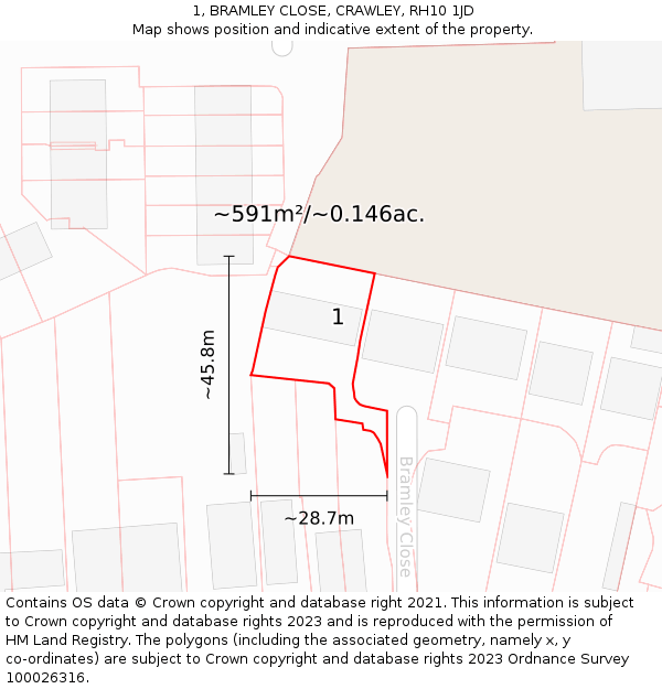 1, BRAMLEY CLOSE, CRAWLEY, RH10 1JD: Plot and title map