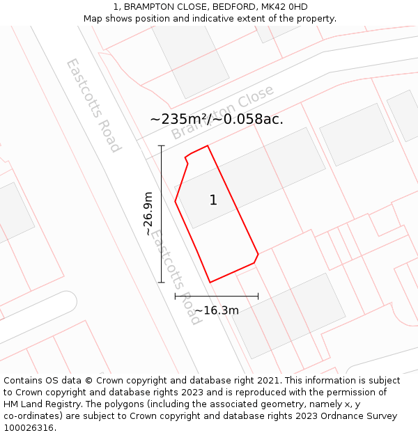 1, BRAMPTON CLOSE, BEDFORD, MK42 0HD: Plot and title map