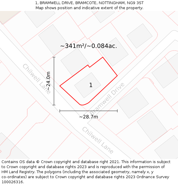 1, BRAMWELL DRIVE, BRAMCOTE, NOTTINGHAM, NG9 3ST: Plot and title map