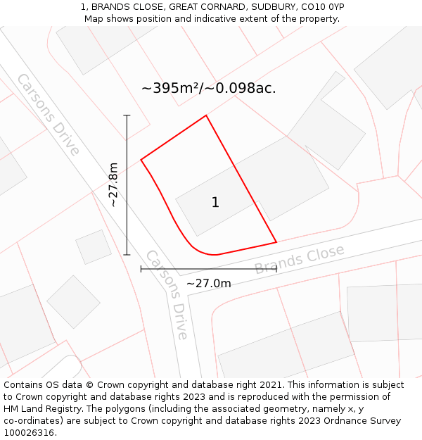 1, BRANDS CLOSE, GREAT CORNARD, SUDBURY, CO10 0YP: Plot and title map