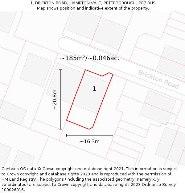 1, BRICKTON ROAD, HAMPTON VALE, PETERBOROUGH, PE7 8HS: Plot and title map