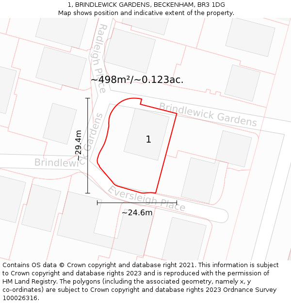 1, BRINDLEWICK GARDENS, BECKENHAM, BR3 1DG: Plot and title map