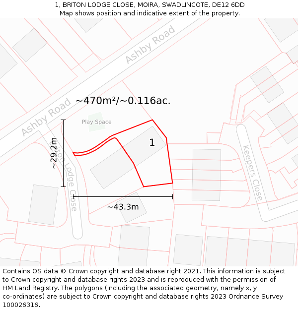 1, BRITON LODGE CLOSE, MOIRA, SWADLINCOTE, DE12 6DD: Plot and title map